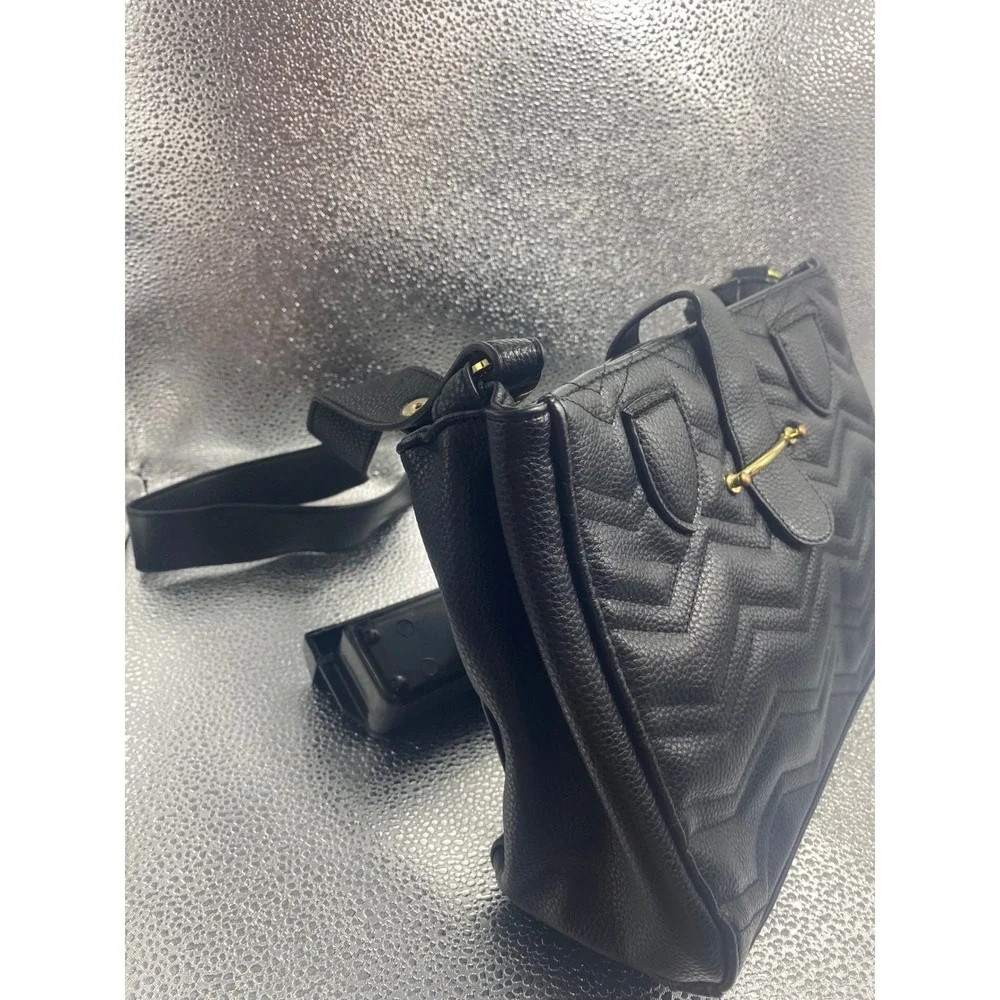 Black Chevron Quilted Pebbled Faux Leather Shoulder Bag Gold Tone Hardware
